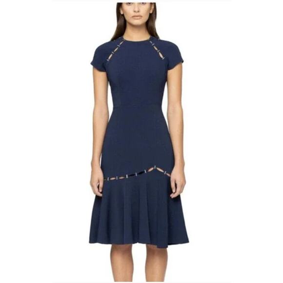 Jonathan Simkhai Stapled Crepe Dress Slashed Blue Flounce Hem Cutout Slit sz 6 - Picture 1 of 16